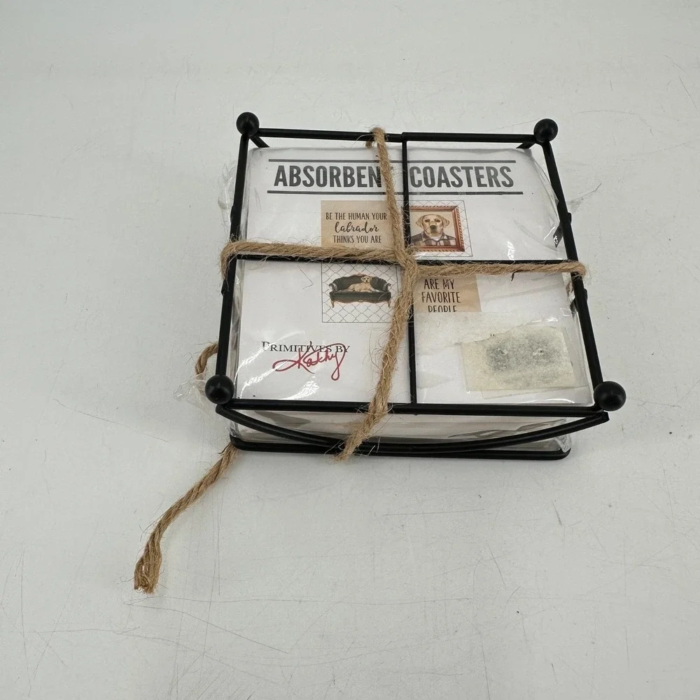 Coasters Set of 4 Labrador Dog Primitives by Kathy Absorbent Black Metal Holder